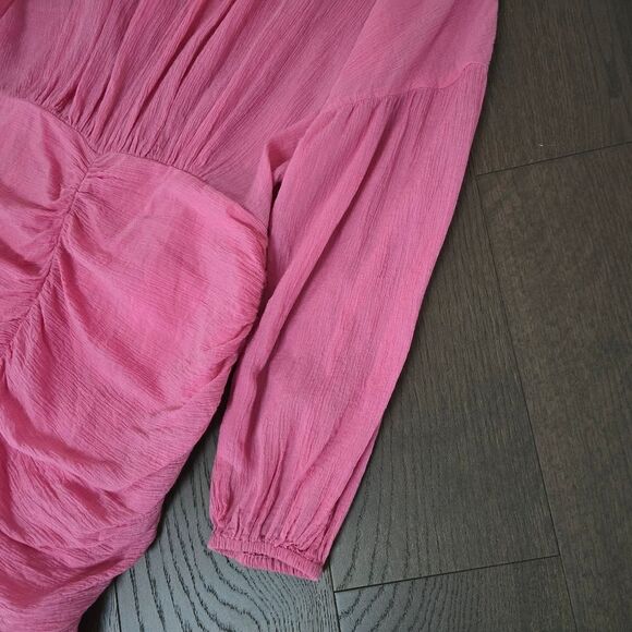 Rodebjer Adilah Ruched Long Balloon Sleeve Mini Dress in Moroccan Rose Pink - Picture 6 of 15